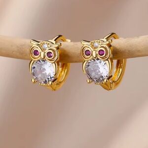 Petite Gold Owl Earrings with Pink Accents
